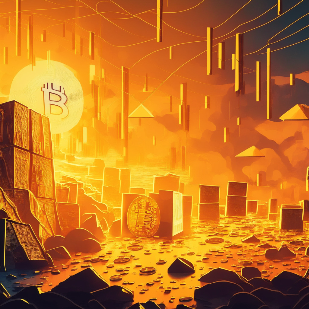 Cryptocurrency mining scene, golden-hued sunset, dynamic abstract art style, miners earning more from transaction fees, powerful computer rigs, focused mood, BTC coins replaced with transaction papers, NFTs subtly integrated, diminishing block rewards in the background, bright but mysterious atmosphere.