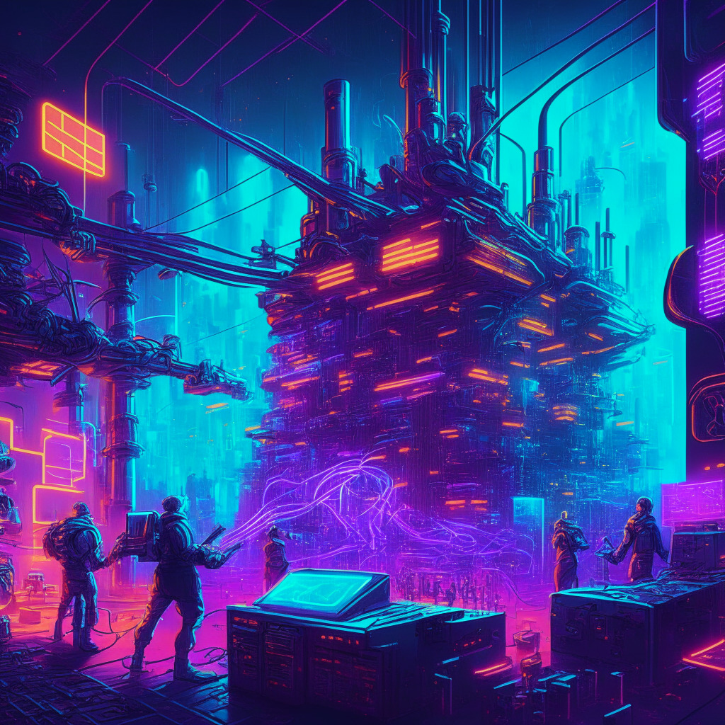 Intricate blockchain scene, neon-lit digital lab, miners celebrating, vivid cyberpunk style, warm, glowing lights, energetic atmosphere, complex machinery, futuristic cityscape in background, feeling of progress & innovation, subtle hints of uncertainty, network security & sustainability theme.