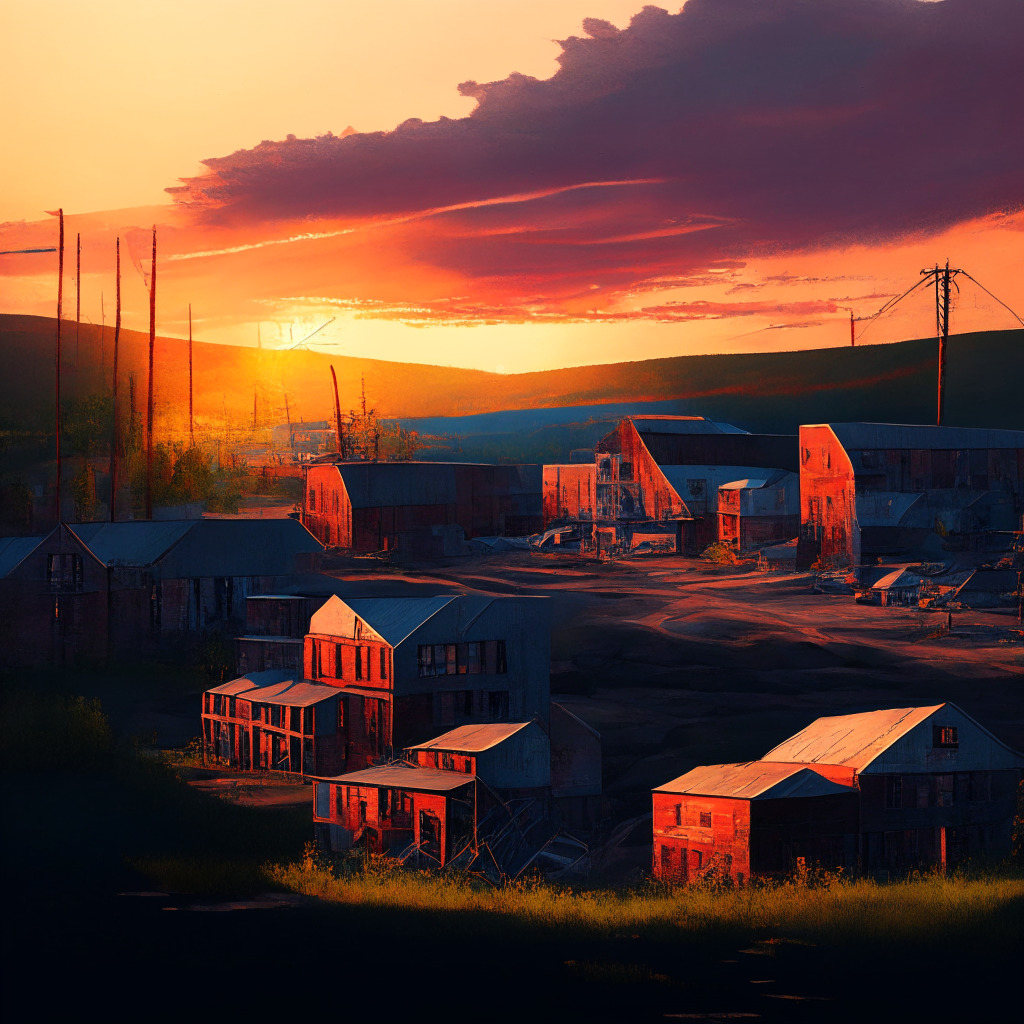Sunset over a revitalized small town, Greenidge mining facility in upstate New York, juxtaposition of nature and industry, warm earth tones, soft impressionistic style, environmentally conscious bitcoin mining, mood of hope amidst skepticism, balanced perspectives, subtle hints of red and blue hues to represent the political undertones.