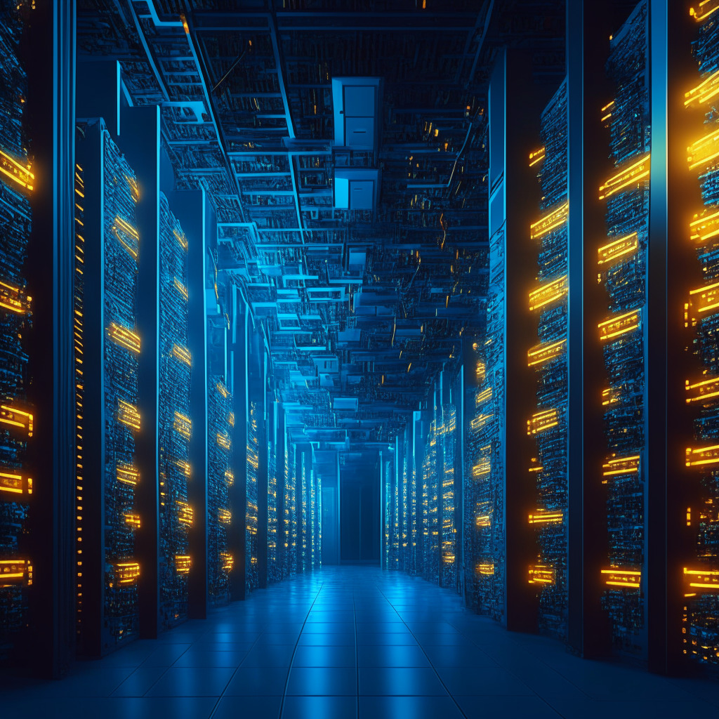Futuristic mining scene, vast server room, racks filled with cryptocurrency mining machines, intricate blockchain patterns, golden ambient glow, contrasting cool blues and warm hues, palpable energy and movement, heightened sense of anticipation, a meld of organic and technological, hints of Ordinals protocol elements, dynamic and complex mood.