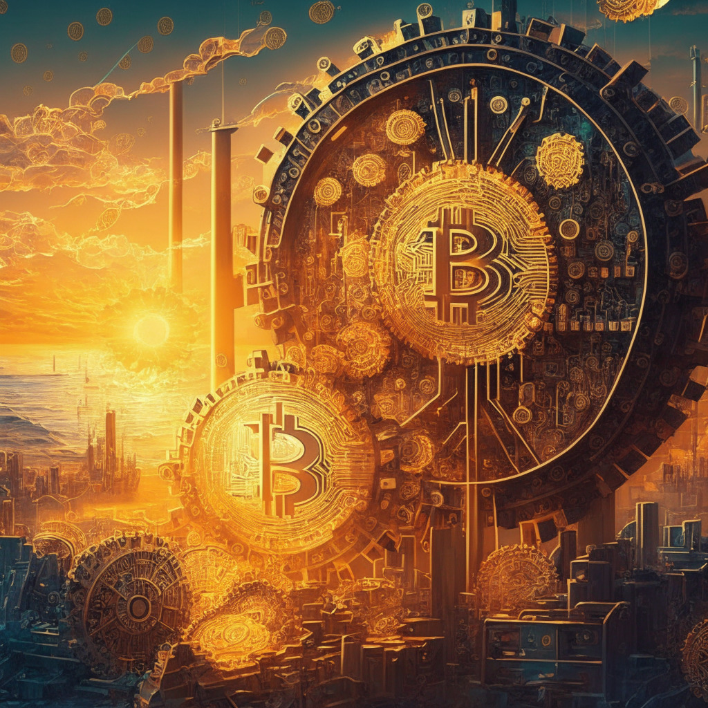 Intricate cryptocurrency operations, golden block and complex gears, vast digital mining landscape, dynamic artistic style, ethereal sunset hues, elevating mood, glowing focus on the potential growth of Bitcoin adoption, blend of traditional economy and digital revolution, delicate balance between competition and profitability, reflections of labor market optimism.
