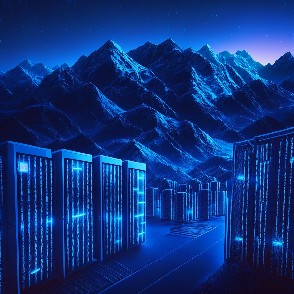 Futuristic data center with glowing racks, abstract concept of cryptocurrency mining, Montana mountain backdrop, twilight lighting, cool blue tones, intricate network connections, contrasting SEC oversight shadow, innovation vs. regulation dilemma, cautious mood, no logos.
