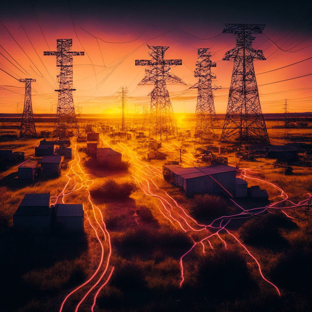 A balanced representation of Texas power grid under strain from Bitcoin mining amidst a glowing sunset, cryptocurrency mining facilities dotted across the landscape, urban & rural towns, policymakers & miners working in harmony, contrast of modern meets traditional, dynamic mood of progress & debate.
