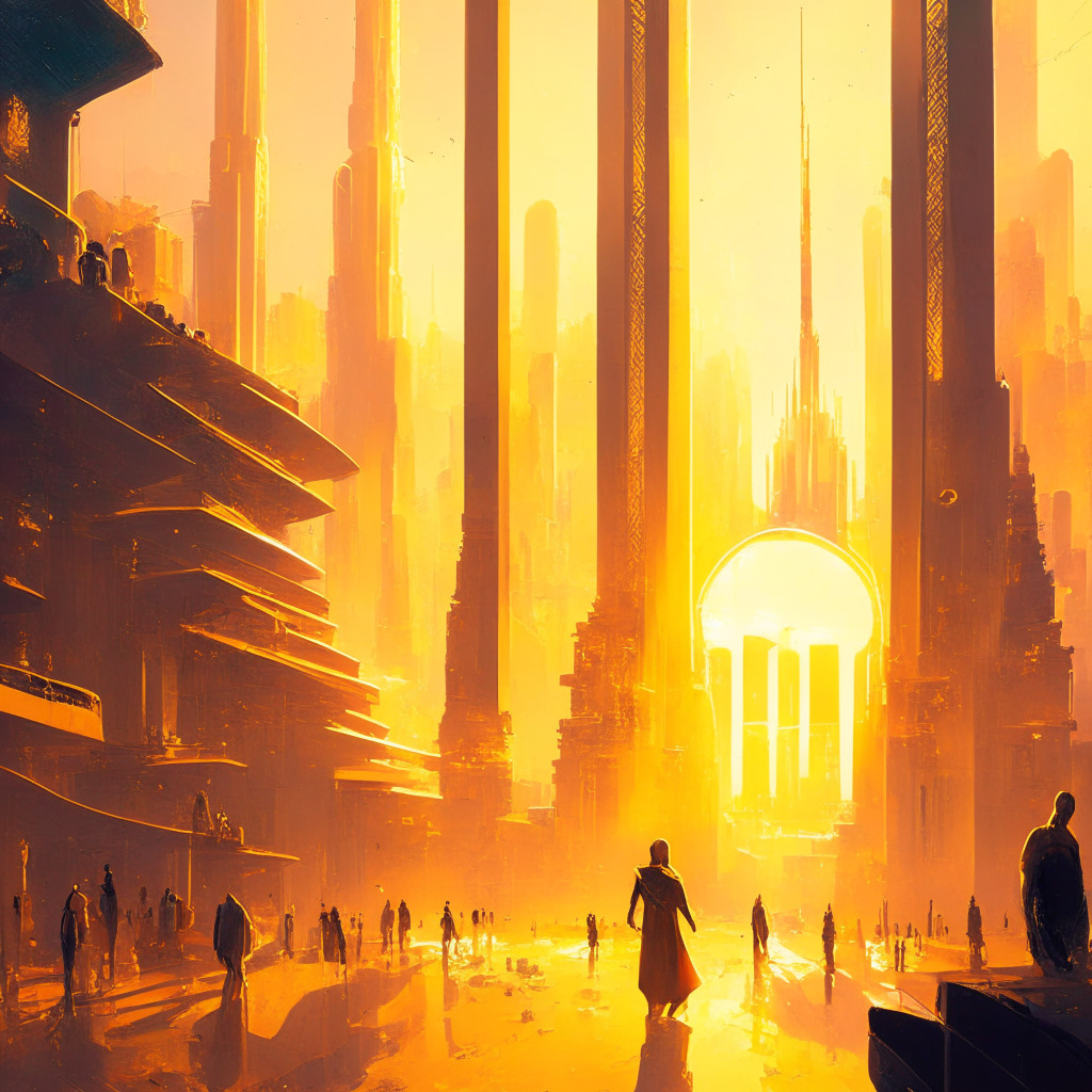 Ethereal cryptocurrency cityscape, warm golden light, bold futuristic NFT market, diverse collector crowd exploring vibrant art, Bitcoin NFT infusion, smooth onboarding process, triumphant artistic freedom, overcoming obstacles, expanding opportunities, untapped potential, optimistic mood.