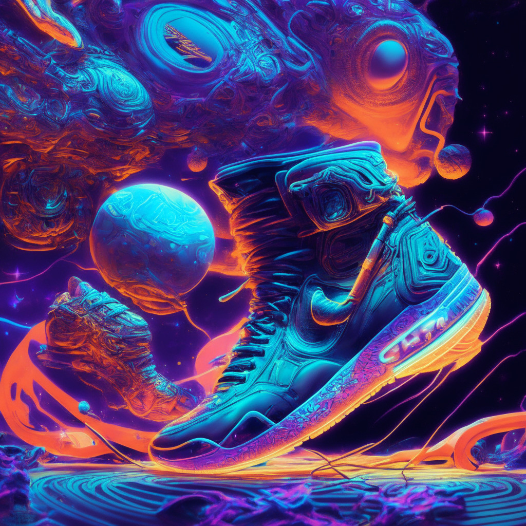 Futuristic space-themed Pepes, digital Nike sneakers, NFT lending platforms, dynamic Ethereum & Bitcoin NFT market rivalry, glowing mainnet inscription, intense competition, vividly colored digital art pieces, intricate blockchain textures, shadows of controversy, high-energy marketplace ambience.