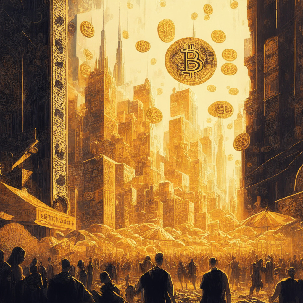 Intricate cityscape with Bitcoin logos, diverse NFT art pieces, meme tokens floating above, a bustling marketplace, warm golden glow, a sense of congestion around network infrastructures, impressionistic style, contrasting shadows highlight the debate, mood of excitement and unease.