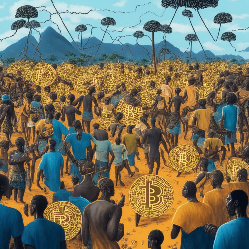 A crowded Bitcoin network with BRC-20 tokens, Ordinals protocol minting frenzy, contrasting developer viewpoints, subtropical African landscape, people seeking alternative payment options, vibrant Lightning Network, thriving Bitcoin miners, contentious debate atmosphere, censorship-resistant P2P network, delicate balance of decentralization, the essence of digital currency.