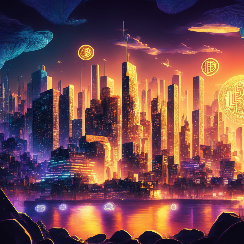 Cryptocurrency cityscape at dusk, BRC-20 tokens illuminating skyline, vibrant PEPE and SPONGE coin icons, Ethereum-inspired architecture swirling around Bitcoin center, busy transactions on Bitcoin blockchain, ethereal glow of miner activity, energetic and innovative atmosphere, expanding ecosystem with hints of near-term macro pressures, underlying sense of optimism.