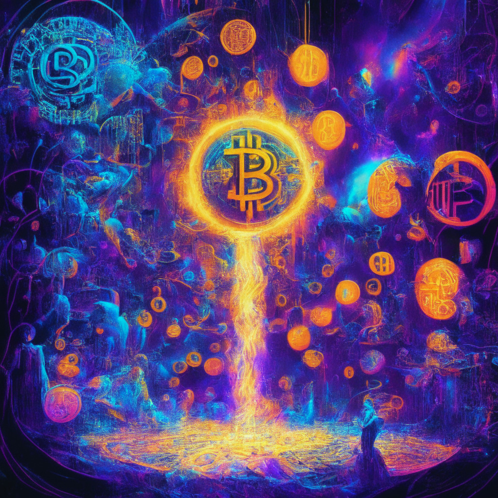 Mystical crypto universe with vibrant colors, abstract Bitcoin shapes, surging network fees, lively debate scene, NFT minting process, digital artists inscribing text, glowing blockchain connections, blend of enthusiasm and skepticism, dramatic lighting, air of anticipation and uncertainty.