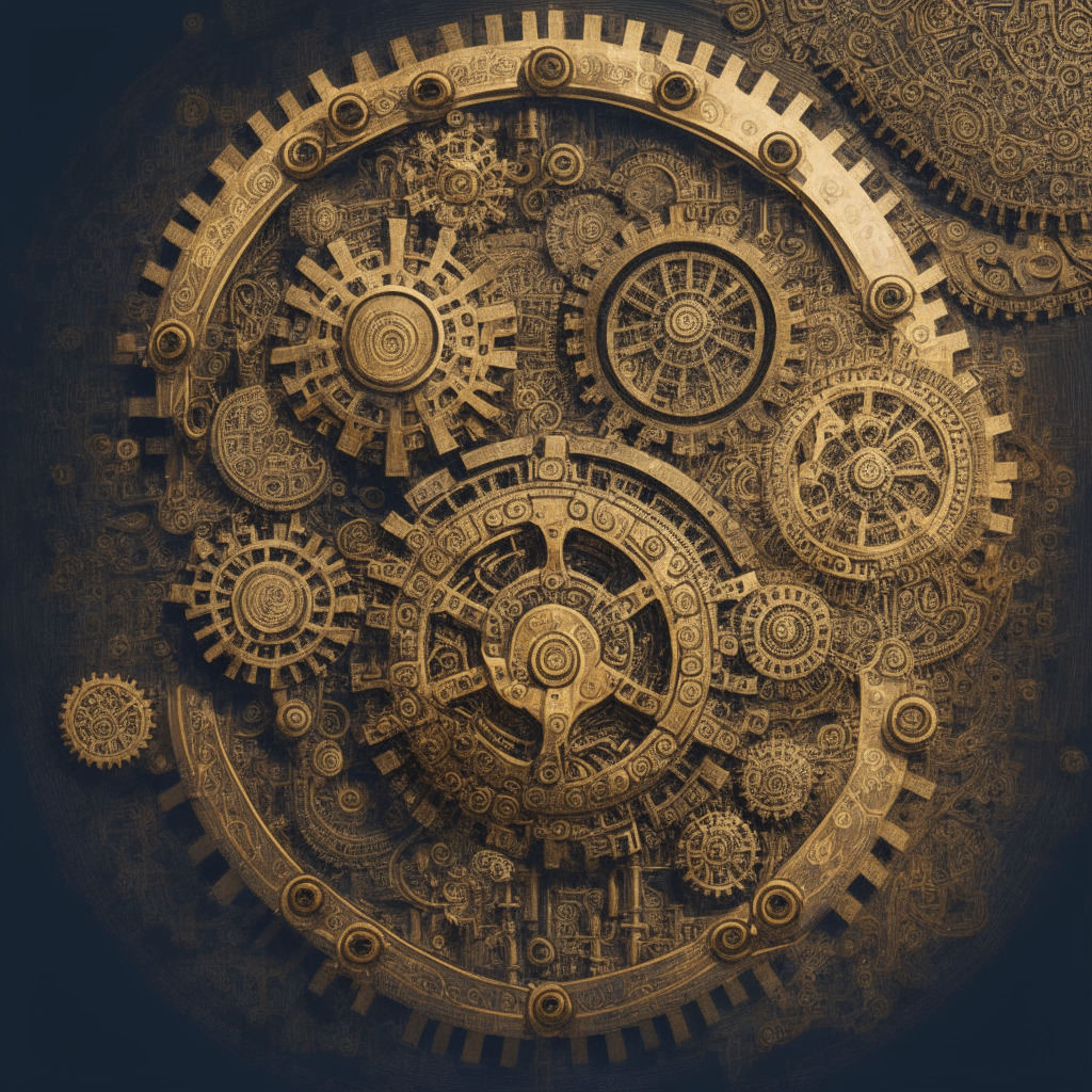 Intricate steampunk gears motif, heated debate among diverse Bitcoin community members, satoshi supported by underlying text & images, contrasting light & shadow, spirited discussion atmosphere, balancing opportunities & security risks, subtle expressions of pros and cons, bold artistic strokes in the background, no brand or logos, 350 character limit.