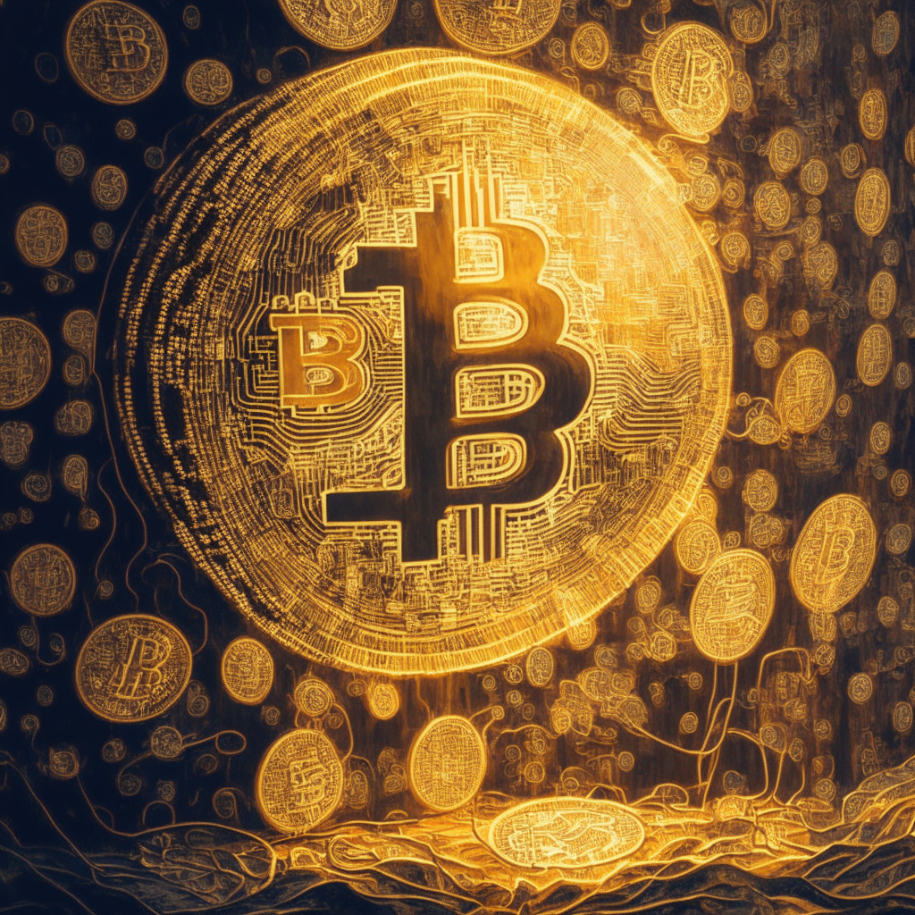 Glowing bitcoin surrounded by diverse NFT art pieces, engraved ordinals on a Satoshi, warm golden light setting, secure interconnected blockchain networks, morphing from niche to catalyst, excitement and curiosity in the atmosphere, a touch of impressionistic style, capturing the essence of growing crypto adoption.