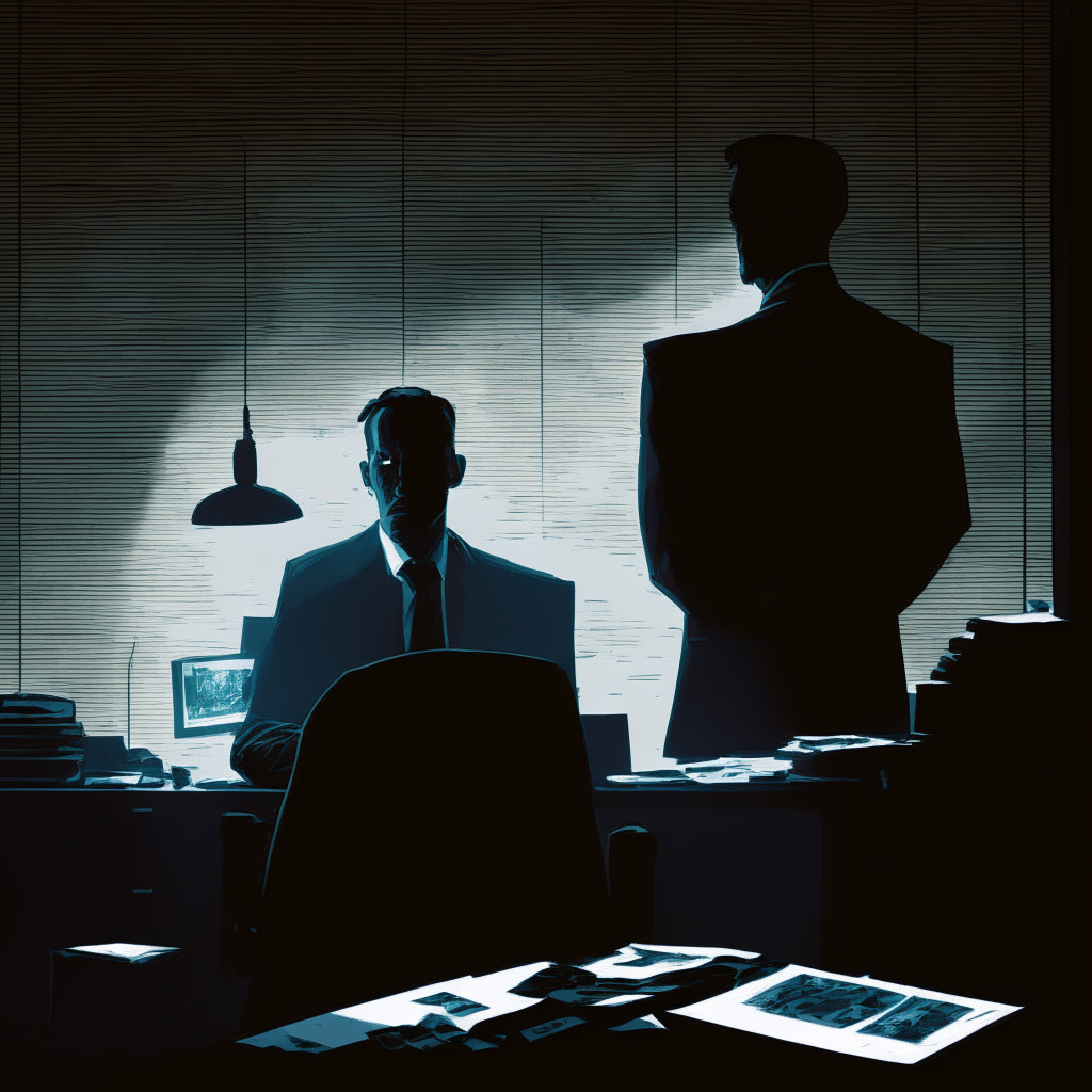 Skeptical CEO in a dimly lit office, Bitcoin blockchain background, expressive contrast of light and shadow, tension between proponents and critics of Bitcoin Ordinals & BRC-20 tokens, mood of uncertainty surrounding their impact on adoption, suggestion of alternative projects like Lightning Network.