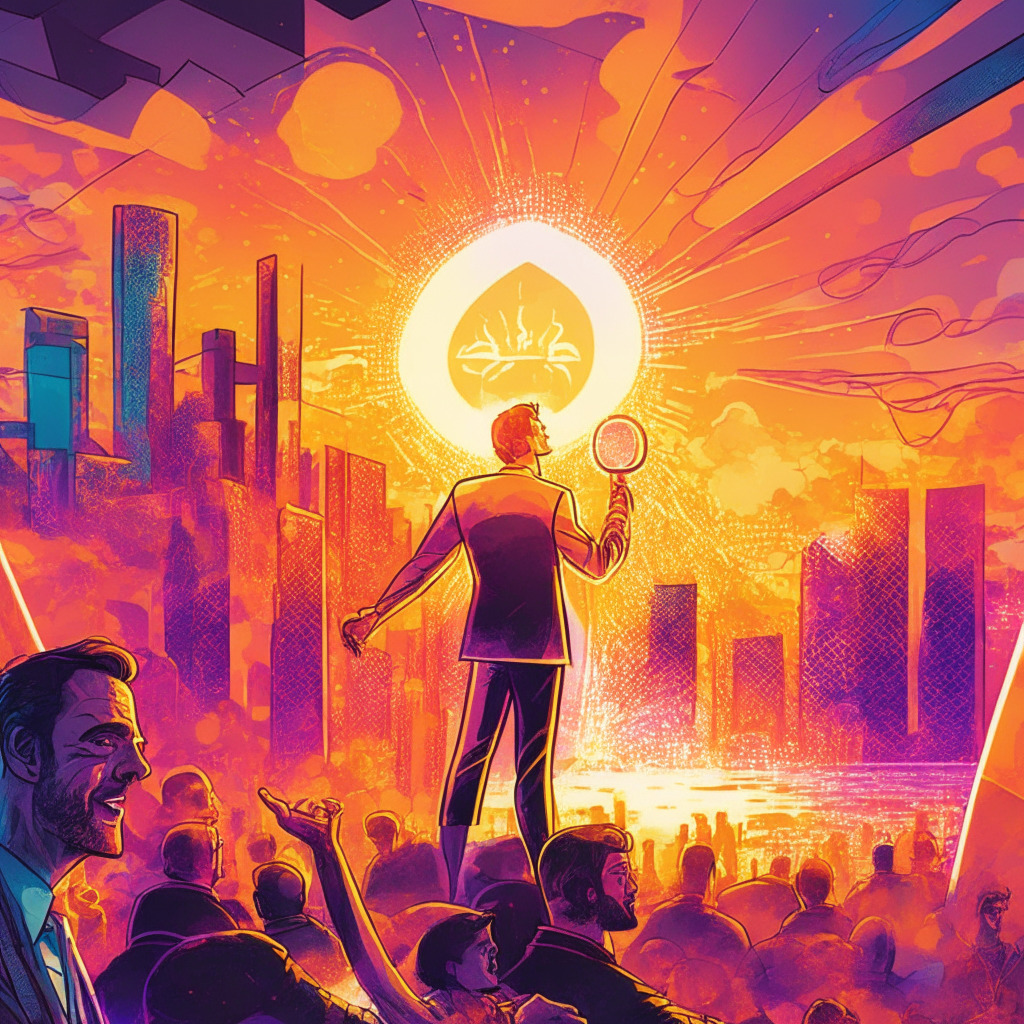 Sunset-lit blockchain conference, Michael Saylor speaking passionately, futuristic city backdrop, Ordinal and BRC-20 tokens floating, a mix of serious and playful elements, underlying current of skepticism and optimism, warm colors evoking openness to new ideas, dynamic composition representing the ever-evolving blockchain world.