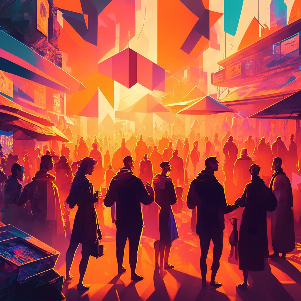 Vibrant crypto market scene, warm sunrise hues, bustling NFT marketplace, various digital assets, futuristic art style, subtle shadows, energetic atmosphere, creative mix of geometric shapes, blend of technology and art, holographic displays, diverse group of people trading, intriguing expressions, sense of curiosity and wonder.