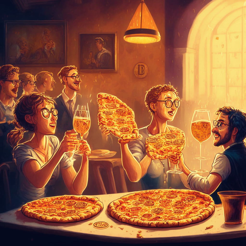 Cryptocurrency celebration scene, two delicious pizzas, Bitcoin logo creatively incorporated, warm tone interior lighting, impressionist art style, lively atmosphere, animated characters clinking glasses, hint of skepticism in the background, nostalgic touch, embracing progress, moments of blockchain history.