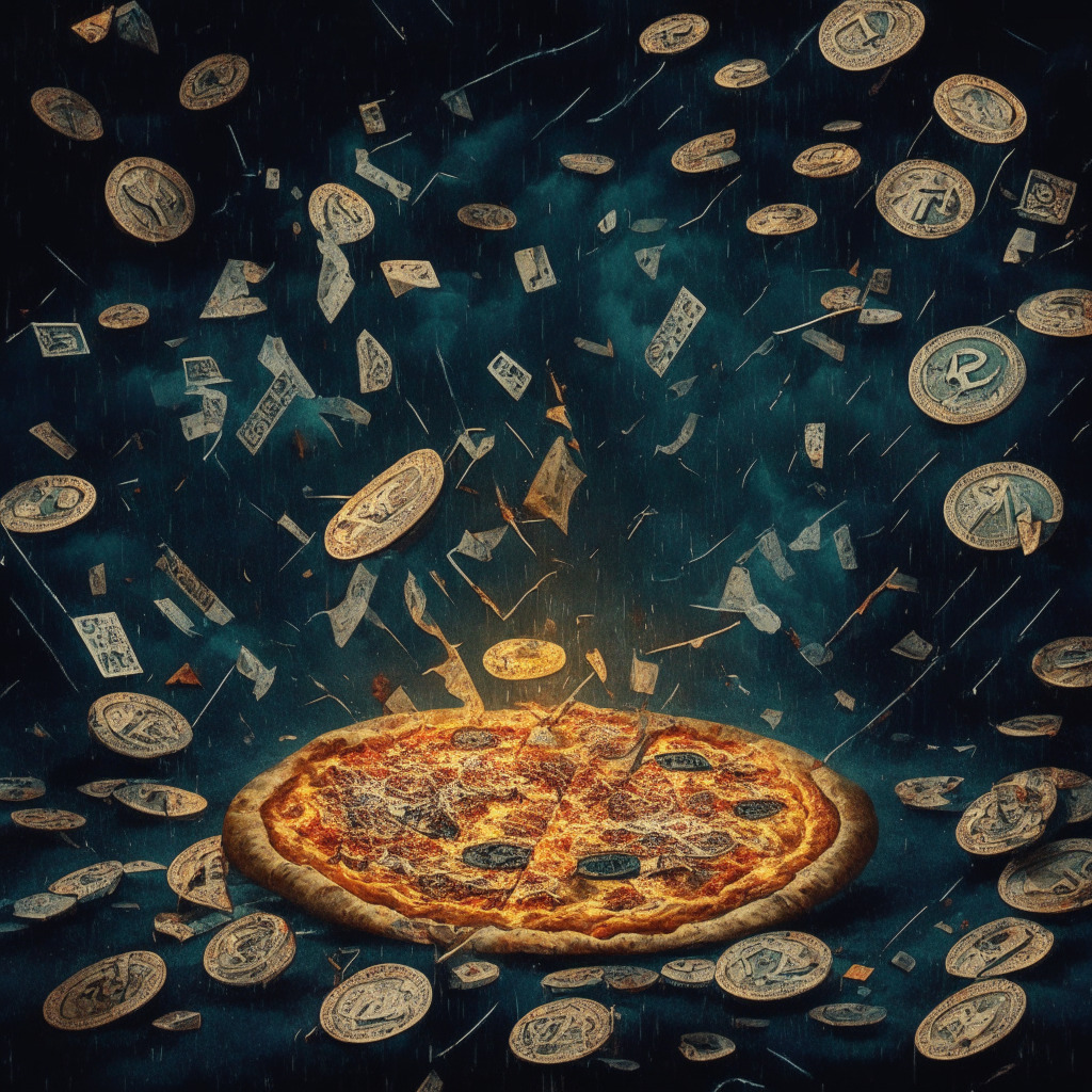 Cryptocurrency chaos scene, rug pull deception, vulnerable investors, dark atmosphere, chiaroscuro lighting, sinister undertones, currency tokens with pizza symbols, shattered dreams, abstract geometric shapes symbolizing digital web, dramatic juxtaposition of excitement & loss, cautionary reminder.