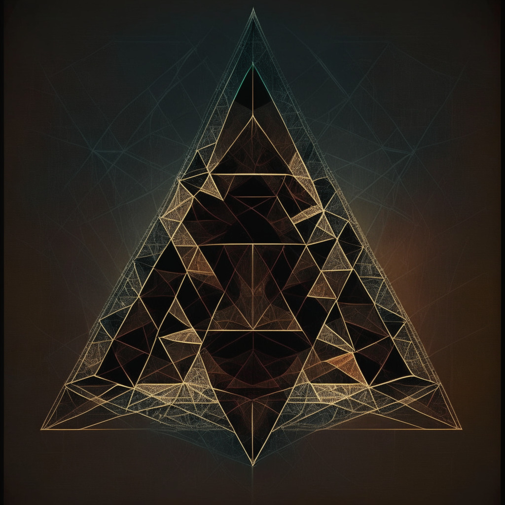 Intricate symmetrical triangle pattern, bearish breakdown, consolidation phase, dusk light setting, increasing fear, crucial accumulation phase, delicately balancing intraday upsurge and downfall, 20-day Exponential Moving Average resistance, moody chiaroscuro, subdued hues, dynamic tension between support & resistance trendlines, fluctuating Relative Strength Index, hint of cautious optimism.