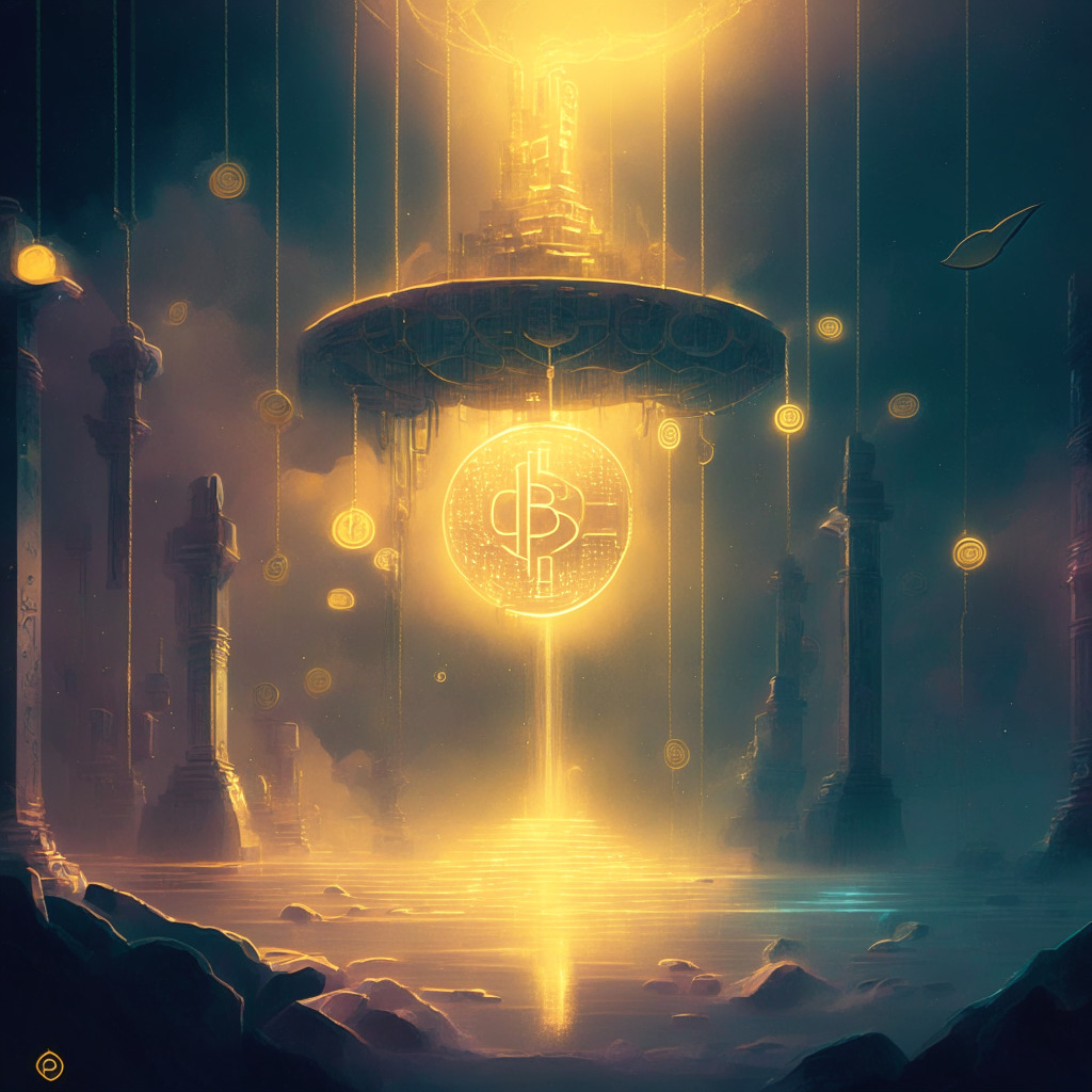 Artistic futuristic financial landscape, dimly lit, mystical ambience enveloping the scene, Bitcoin golden token hovering mid-air, chain connections symbolizing its blockchain network, touch of pastel colors, signs of uncertainty & resilience, shadows of regulatory changes whispering nearby, the mood shifting between optimism & caution. Max 350.