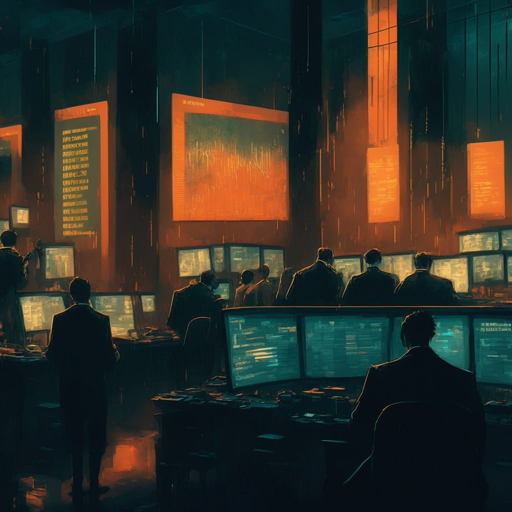 Cryptocurrency scene, resilient traders and regulatory uncertainty, dimly lit atmosphere, stressed and hopeful expressions, modern trading floor background, fluctuating digital charts, warm color palette, intricate details, painterly style, tense yet anticipative mood