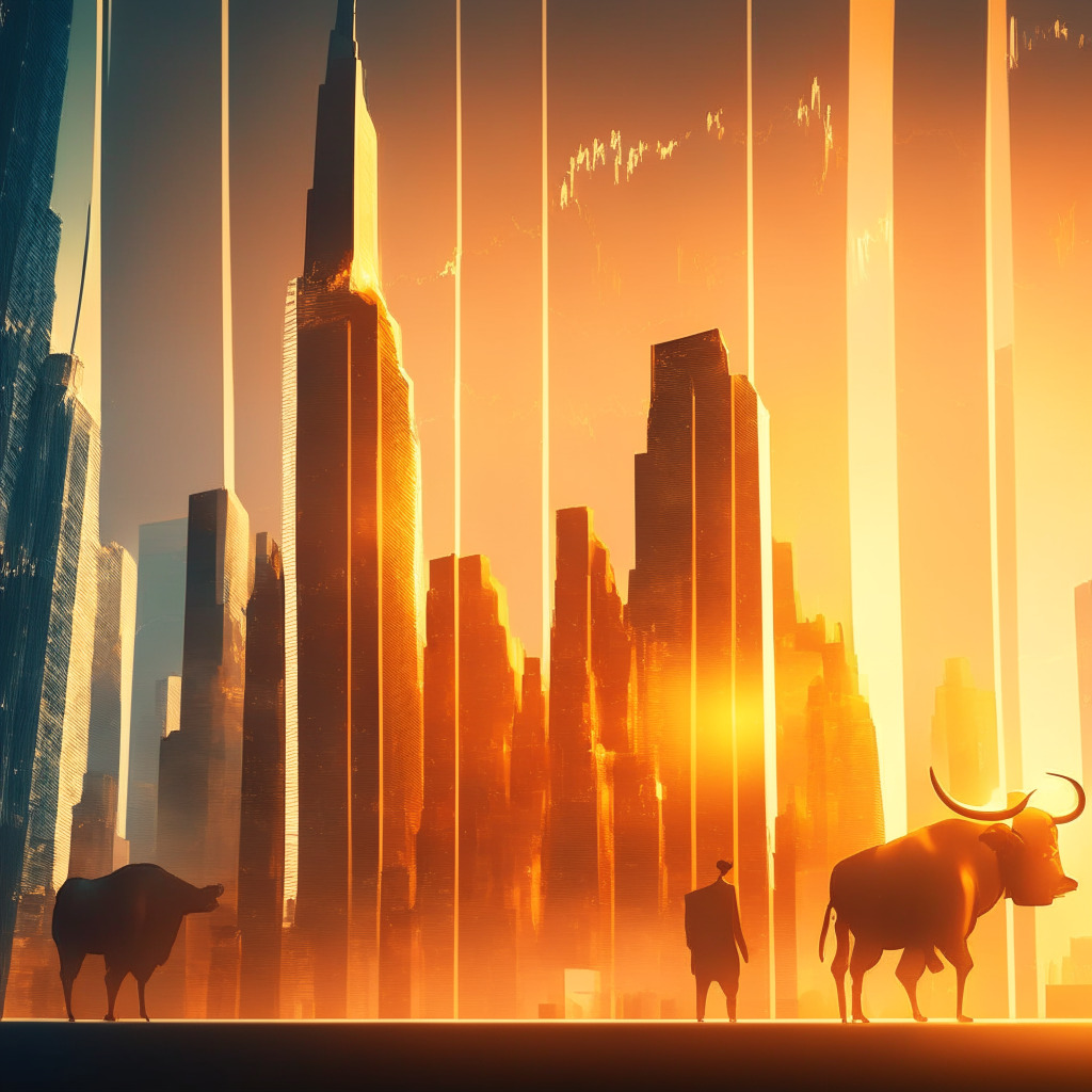Bullish breakout concept art, modern city skyline witnessing a sunrise, glowing golden light cascading across tall buildings, reflection of upward moving graph in glass windows, excited investors watching skyline, light overcoming darkness theme, warm hues, uplifting and inspirational atmosphere. (350 characters)