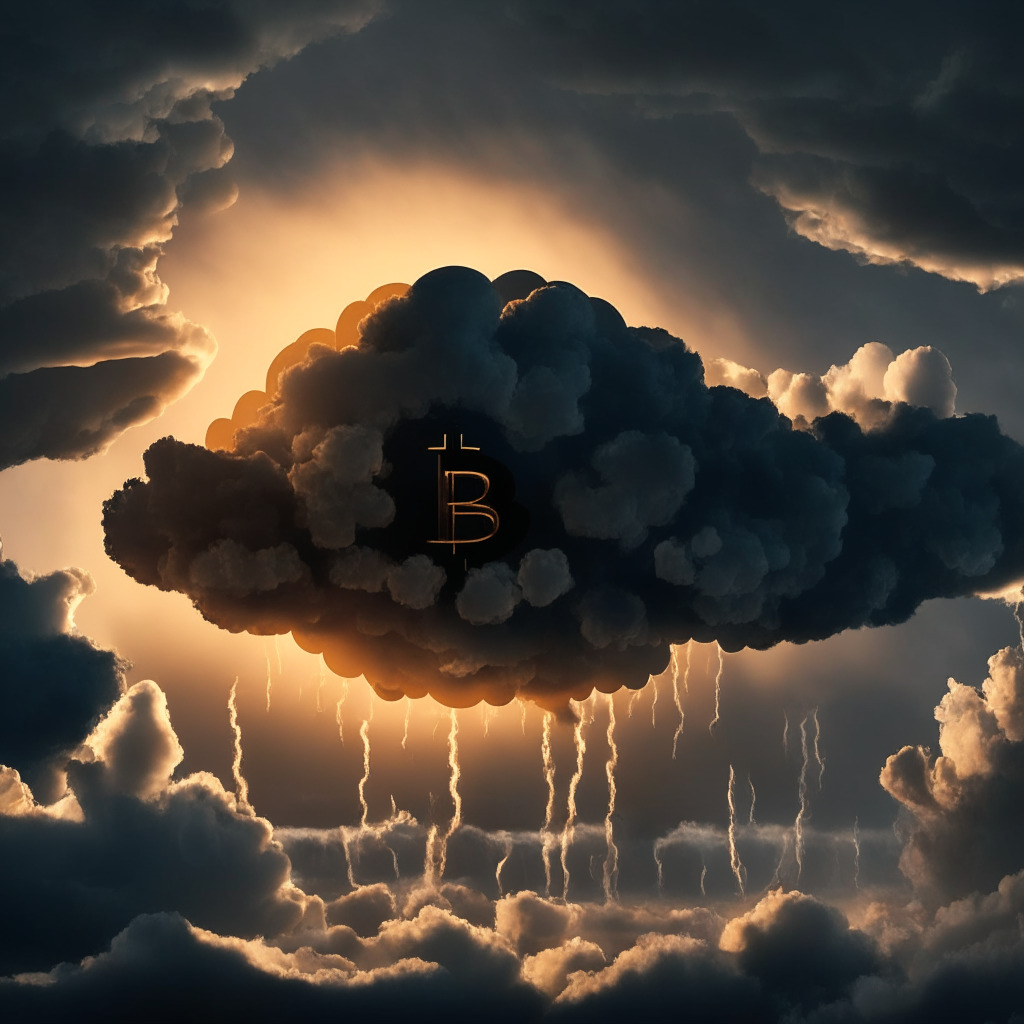 Gloomy cryptocurrency market scene, a bearish Ichimoku Cloud looming over Bitcoin, sliding price towards $24,000, sunset lighting casting long shadows, intense debate among investors, hints of stronger support levels and further decline risks, somber mood, abstract financial elements artfully incorporated.