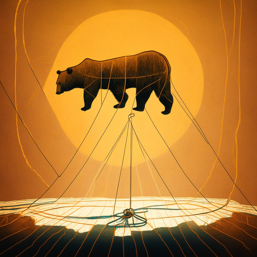 Artistic scene of a coin balancing on a tightrope, oscillating light and shadows, warm and cool hues, air of uncertainty, intricate patterns representing resistance and support levels, subtle depiction of a bear and bull, long-wick rejection symbol, somber yet dynamic mood, abstract interpretation of a channel pattern.