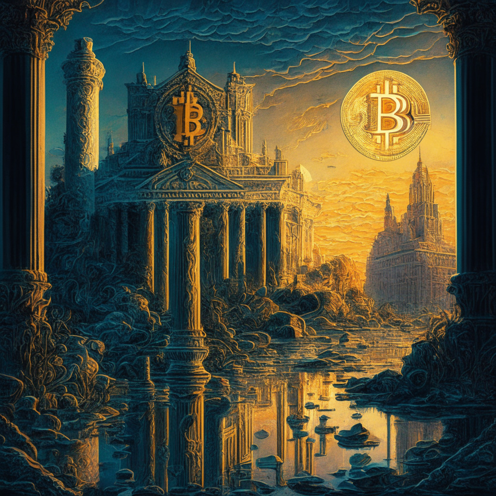 Intricate financial landscape, gentle evening glow, Bitcoin maintaining value, blend of baroque and impressionist styles, mood of speculation and curiosity, balance between positive and negative impacts, interplay between inflation, job market and Bitcoin demand, subtly shifting colors, hints of resilience and uncertainty.