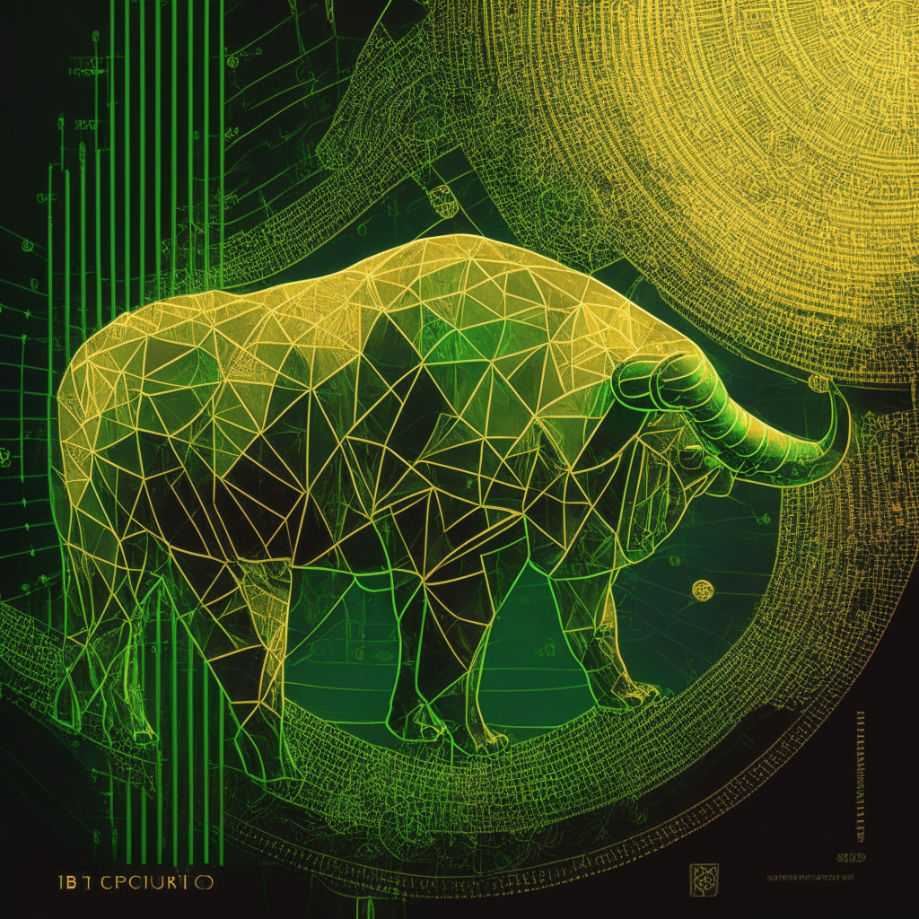 Intricate blockchain pattern, delicate balance of light and shadows, vibrant hues of gold and green, harmonious blend of bullish and bearish elements, artistic representation of Bitcoin's price stability, $27,000 support level, emergence from channel support trendline, potential 7% rally, subtle hints of MACD and Bollinger Bands, air of anticipation and uncertainty.