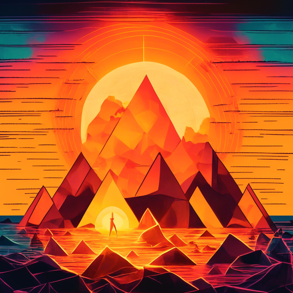 Cryptocurrency resurgence, warm color palette, glowing sunset, modern digital art style, uplifting mood, Bitcoin at $28K, altcoins soaring, US debt ceiling deal, cautious optimism, Federal Reserve looming, diverse crypto landscape, symmetrical triangle formation, inverse head and shoulders pattern, potential rally.