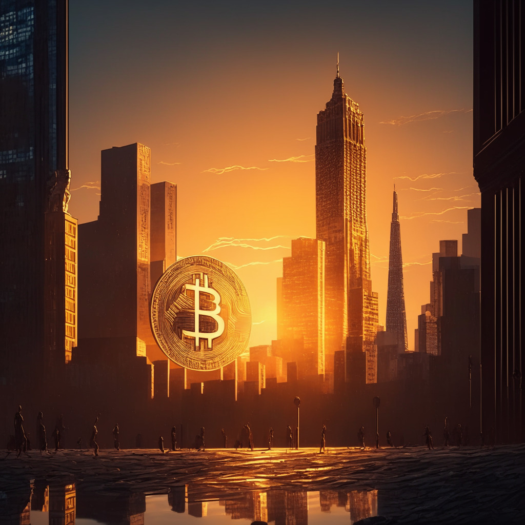 Intricate cityscape at dusk, bitcoin symbol rising over $27,000, financial buildings in the background, contrasting light & shadow, golden hour glow, suspenseful mood, classical art style, people in discussion, hint of economic uncertainty. (344 characters)