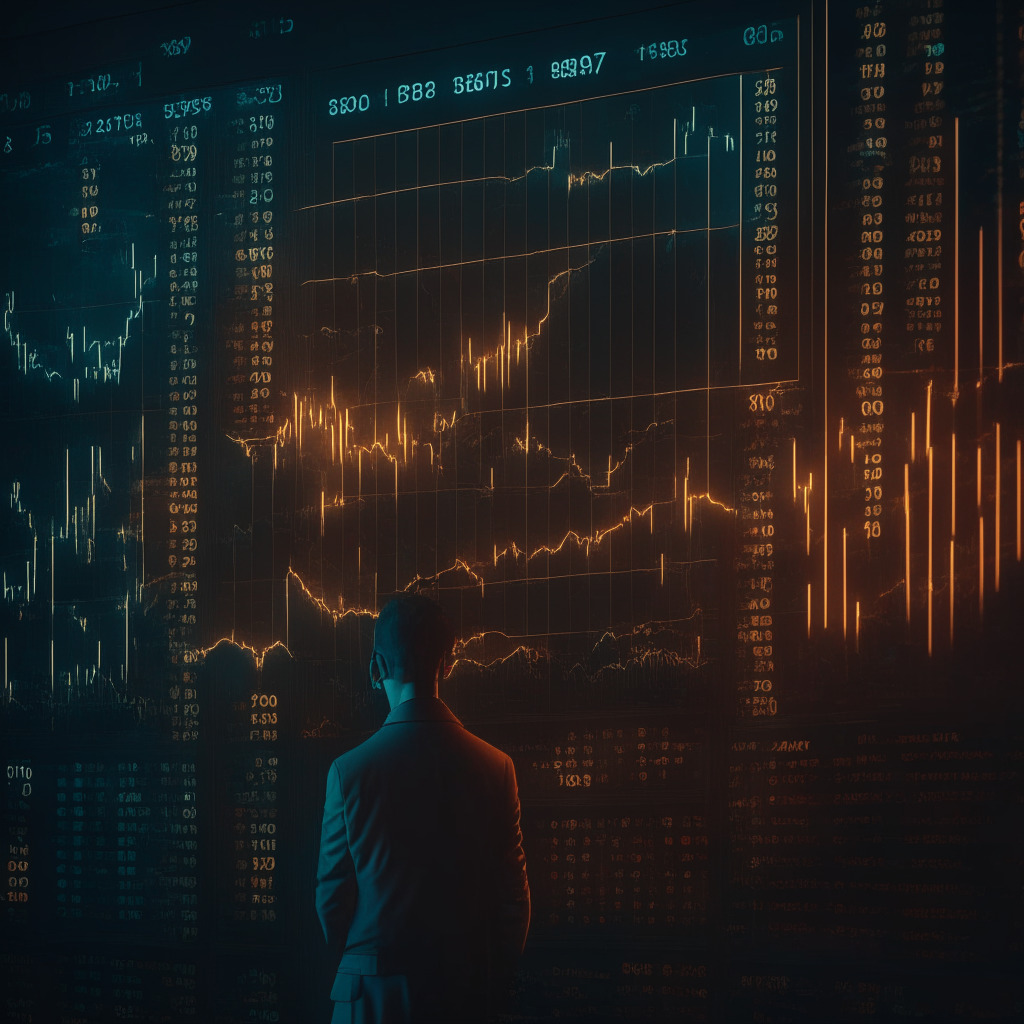 Dimly lit scene with warm, Baroque-inspired ambiance, a digital stock market board displaying Bitcoin & S&P 500 recovery, intertwining arrows representing resistance levels, subtle gradient sky reflecting market uncertainty, thoughtful investor character standing cautiously, overall mood of cautious optimism.