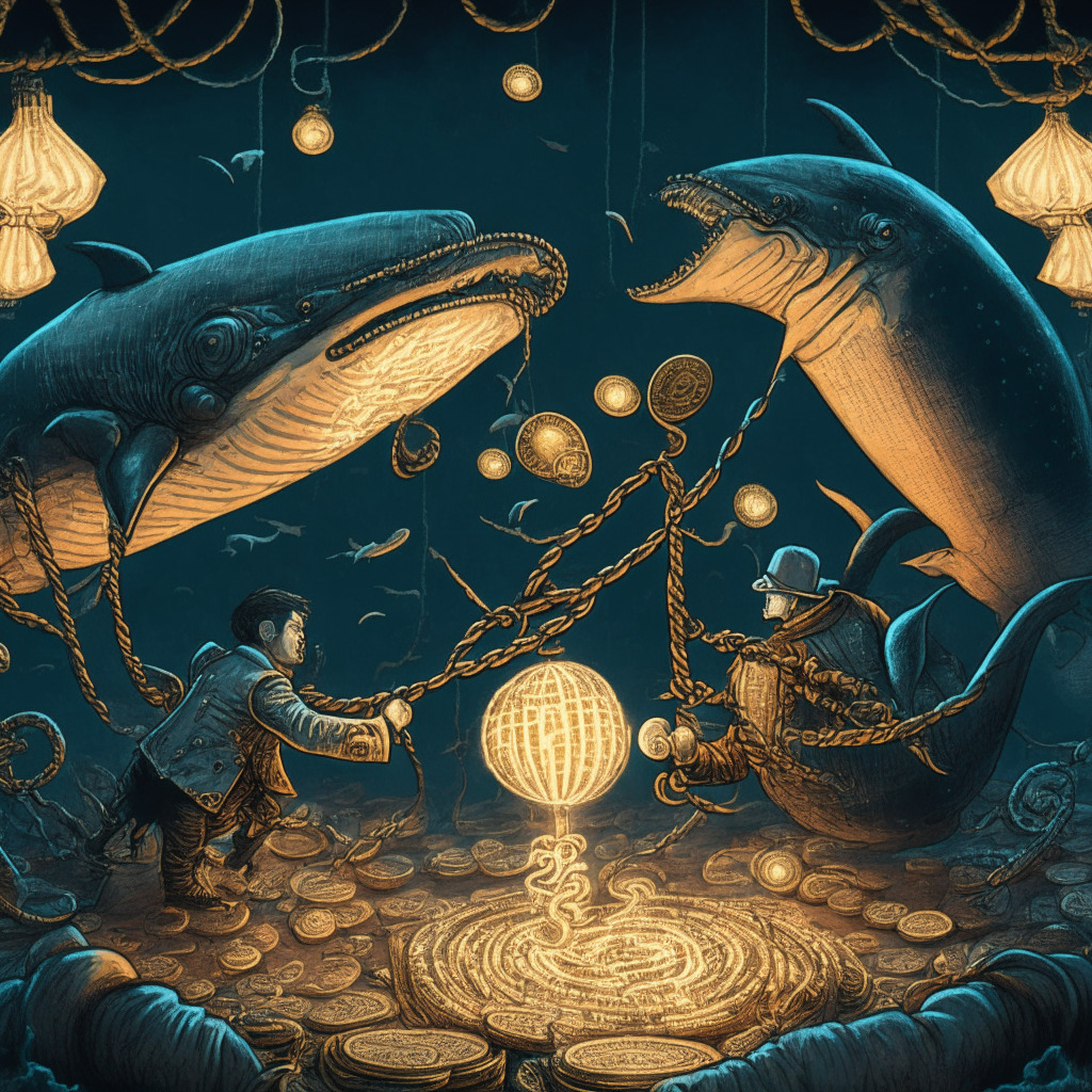 Crypto market tug-of-war scene, intricate steampunk style, dimly-lit candlelit room, retail investor shrimp pulling rope against whale, ornate Bitcoin coins on the floor, glaring gas fees as rising hot air balloons, floating Non-fungible tokens with expressive faces, underlying mood of uncertainty, contrasting warm & cool tones.