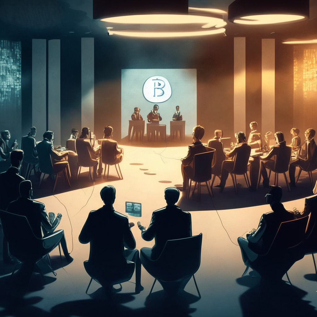 Cryptocurrency debate scene, Taproot transaction backdrop, contrasting opinions, a divided crypto community, soft vs harsh lighting, artistic modern style, tension and skepticism filling the air, prominent figures in discussion, Layer 2 implementation suggested as alternative.
