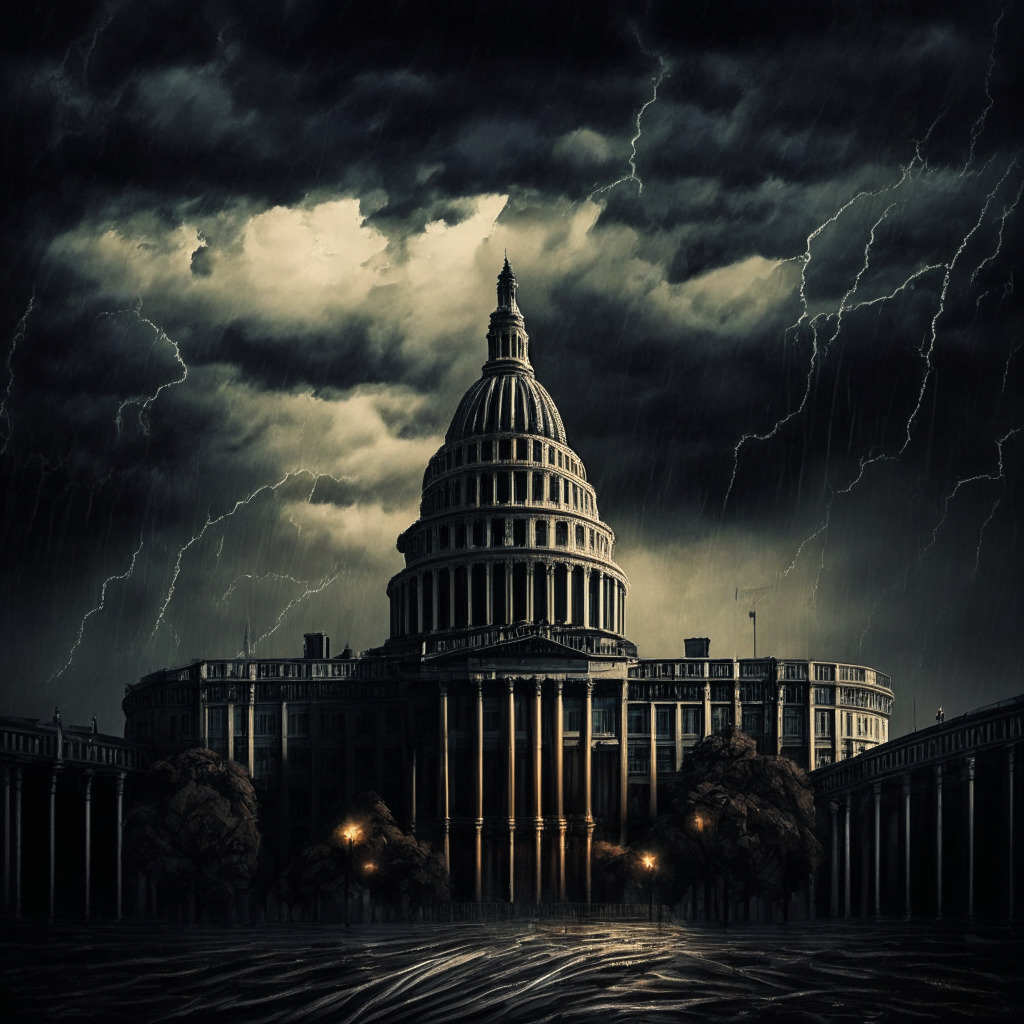 Intricate gothic-style cityscape, dark stormy clouds overhead, financial district with concerned investors, Bitcoin price chart showing downward spiral, US capitol with lawmakers negotiating, tense mood, dimly lit bridges encapsulating economic uncertainty, sense of impending financial downfall.