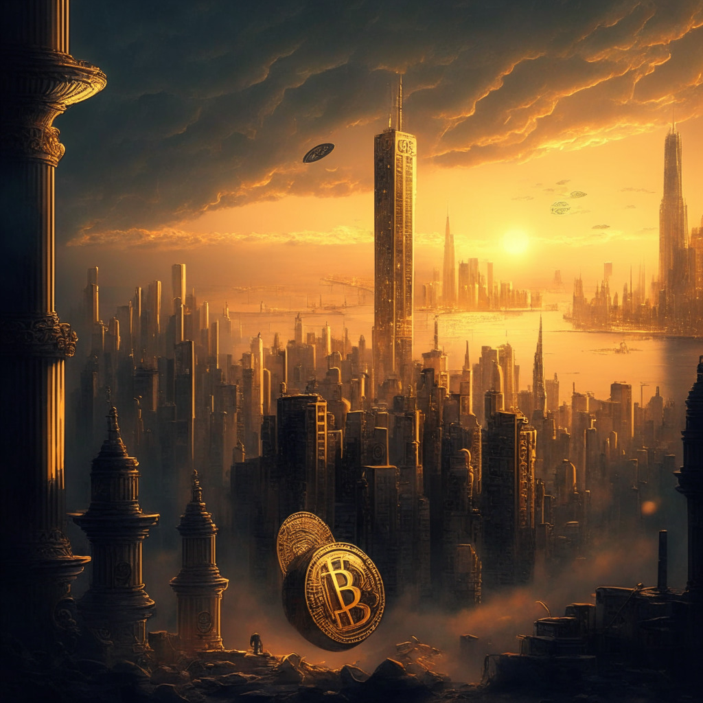 Intricate steampunk cityscape in twilight, Bitcoin coin dominating the skyline, diverse investors pondering BTC's future, high-end real estate in shadows, U.S. dollar notes fluttering in the air, subtle air of uncertainty, gold-tinted hues, hazy distant horizon, artistic blend of optimism and caution.