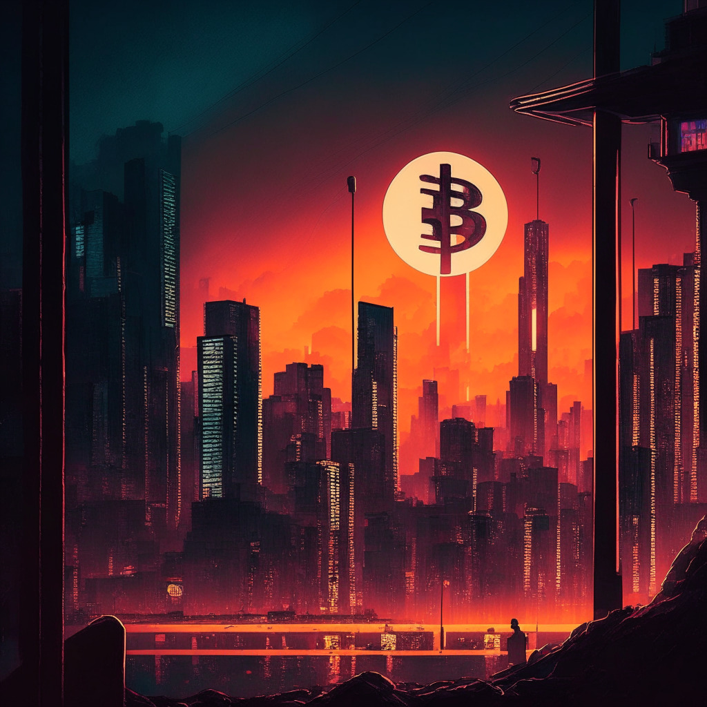 Twilight-lit cityscape, Bitcoin symbol on a resistance barrier, tense atmosphere, contrasting bullish and bearish elements, Korean politicians discussing regulations, Pakistani official enforcing crypto ban, hints of Tether influence, artistic futuristic style, muted colors.