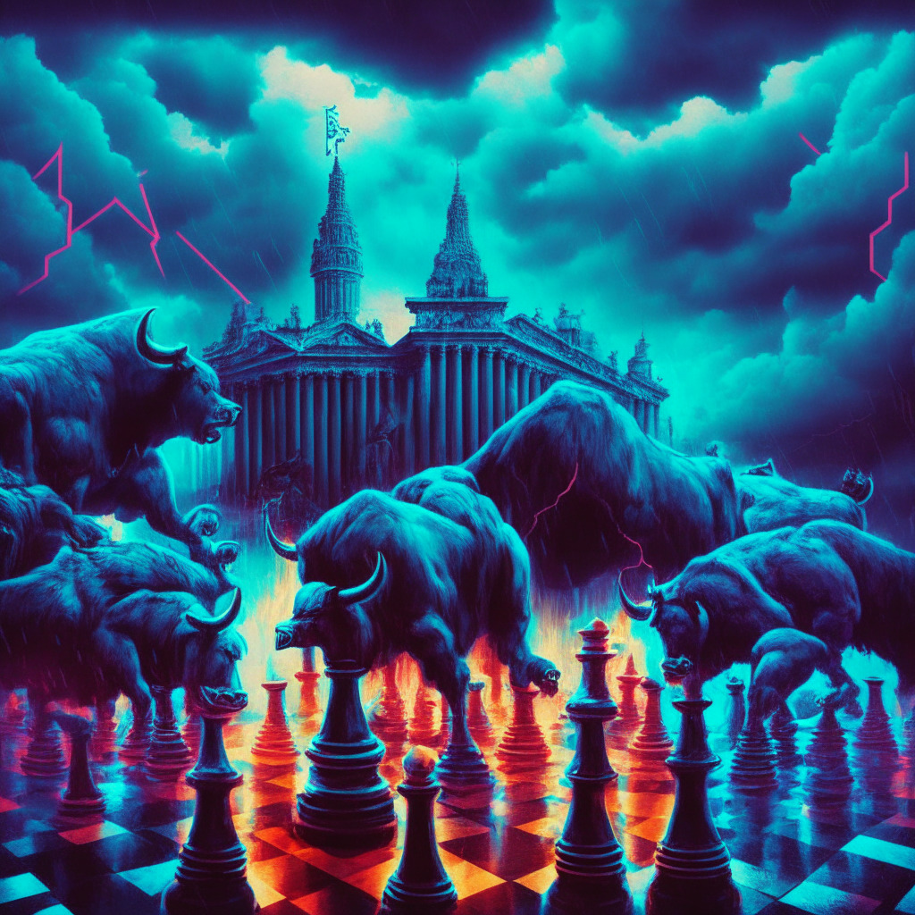 Cryptocurrency struggle scene, bulls and bears in conflict, vibrant colors, dark stormy sky, bidirectional arrows, chess pieces, intense lighting, intense faces, Congress building in background, air of uncertainty, anticipation and cautious optimism, hidden bullish divergence, no logos.