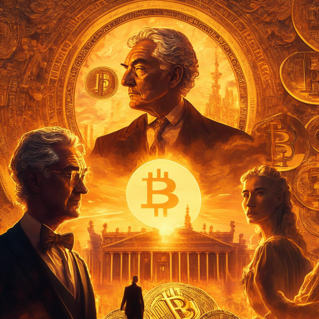 Intricate crypto market scene, golden-hued sunrise, Bitcoin & Cardano symbols amidst momentum oscillators, Jerome Powell in the background, warm Baroque art style, chiaroscuro lighting, mood of cautious optimism, Federal Reserve hints, bold 20MA & 50MA crossovers, uncertain market winds.