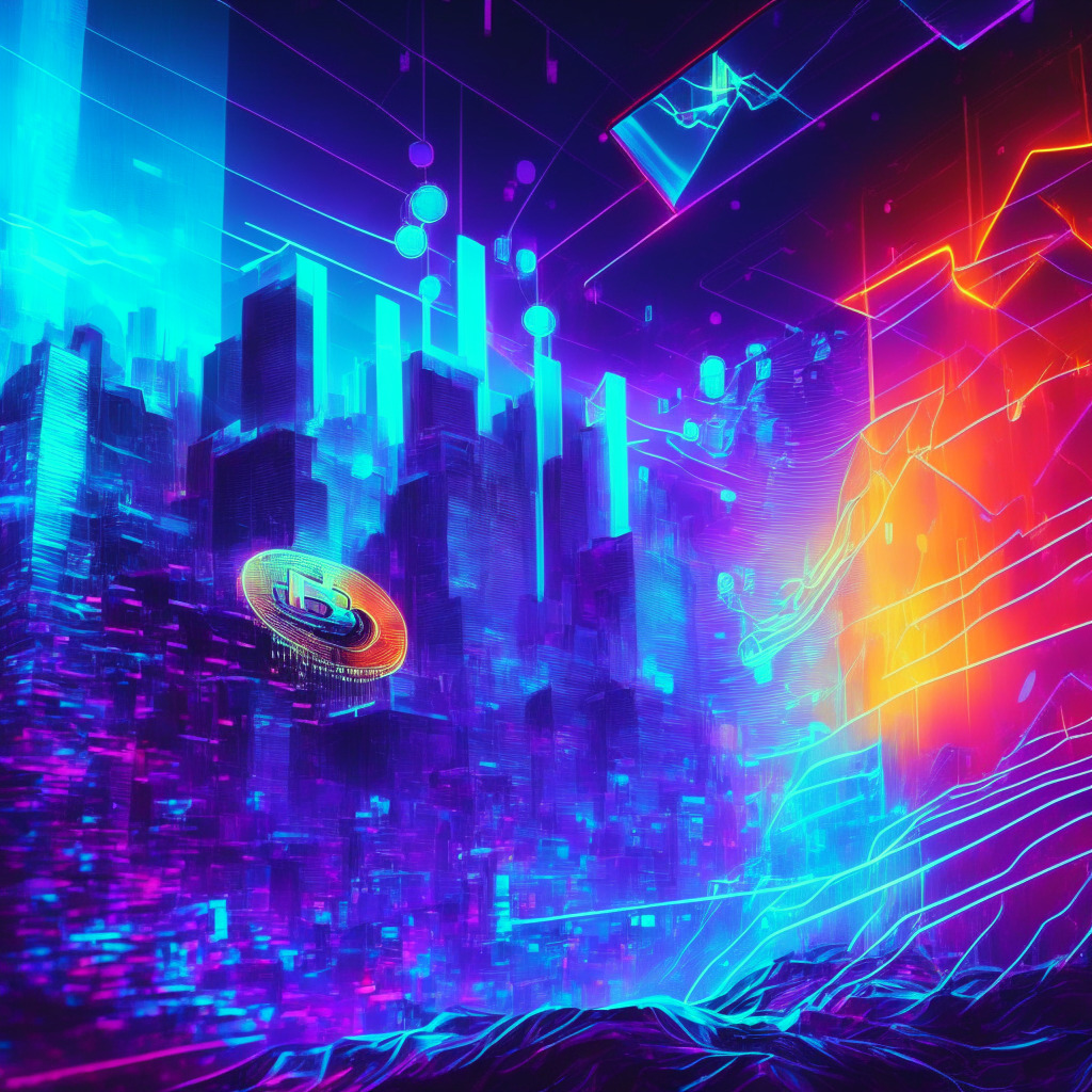 Cryptocurrency surge, Bitcoin & Ethereum, dynamic scene, cyberpunk aesthetic, glowing futuristic cityscape, bright neon lights, emphasis on upward trend, holographic charts & graphs, triumphant mood, vivid colors, reflections on sleek surfaces, soft ambient lighting, light-rays breaking through clouds.