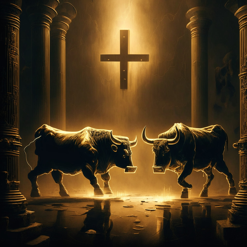 Intricate bitcoin scene, a struggling bull and a golden cross clashing, dimly lit setting, chiaroscuro art style, tense atmosphere, a sense of cautious optimism, subtle hints of macroeconomic data, looming uncertainty, no brand names or logos.