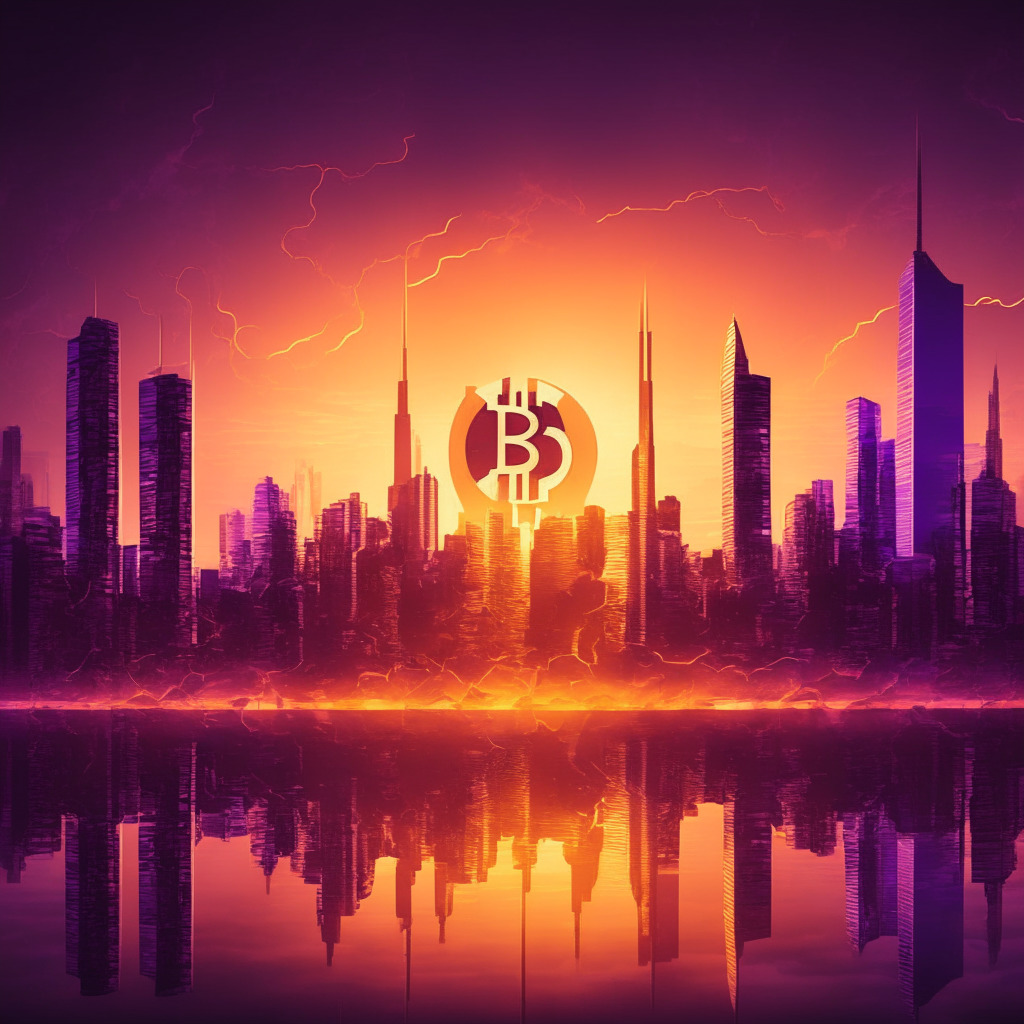 Surreal financial metropolis skyline at dusk, Bitcoin logo as sun setting in orange and purple hues, River Financial & Lightning Network symbols as prominent buildings, satisfied investors & professionals handshaking, powerful global economy mood. Organic, metallic texture, chiaroscuro lighting effect.
