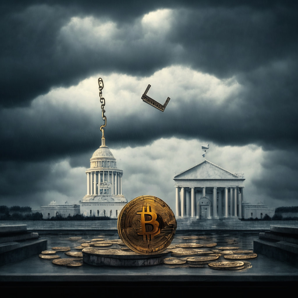 Cryptocurrency scene with Bitcoin symbol on a seesaw, US Capitol in background, stormy sky, chiaroscuro lighting, Baroque-style, mood of uncertainty. Key elements: 1.5% drop, mining difficulty high, 10-year unmoved Bitcoin, accumulation mode, US debt default fears, support level, gradual recovery.