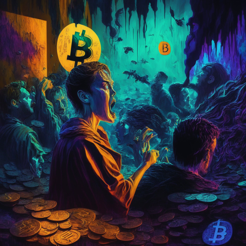 Cryptocurrency chaos, Australian Binance exchange, 21% Bitcoin discount, traders panic, AUD bank withdrawals closing, significant market discrepancy, rushed cash-outs, vibrant hues, dark shadows, high contrast, surreal art style, tense atmosphere, dwindling time, gloomy financial market backdrop.