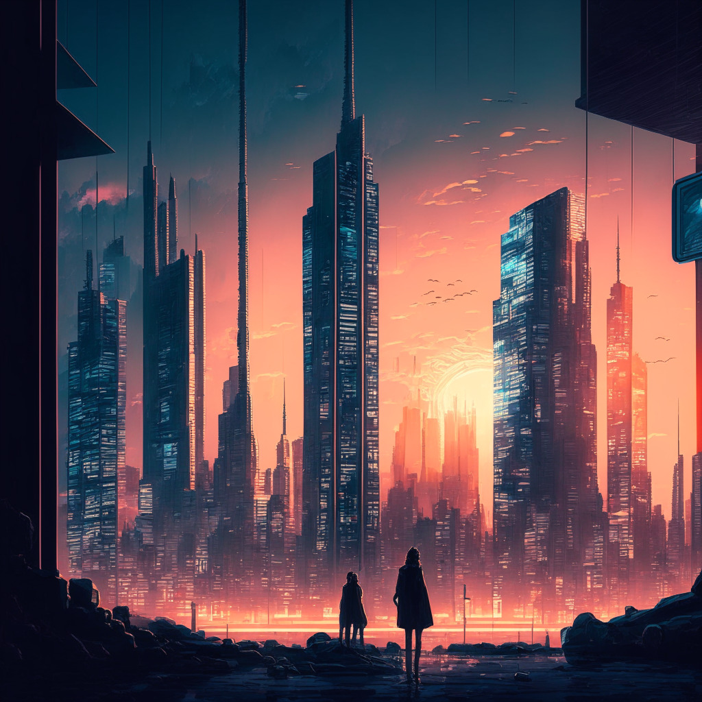 Intricate city skyline with futuristic architecture, the scene bathed in twilight hues, a digital billboard showcases Bitcoin's $27,200 milestone, hope vs. caution, people with expressions of intrigue & uncertainty, rays of optimism interspersed with shadows of doubt, art style reminiscent of a cyberpunk dystopia, overall mood of cautious anticipation.