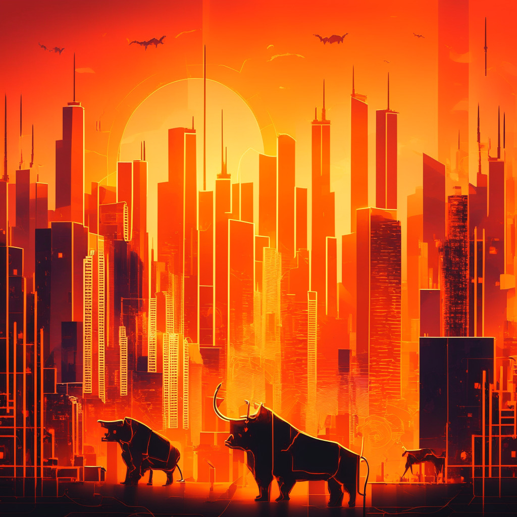 Elevated view of a colorful abstract crypto cityscape at sunset, modern artistic style, warm orange hues and contrasting shadows, city built of circuits and glowing coins, shape of double bottom chart pattern in the skyline, mood of optimism and anticipation, battle between bulls & bears, no logos.