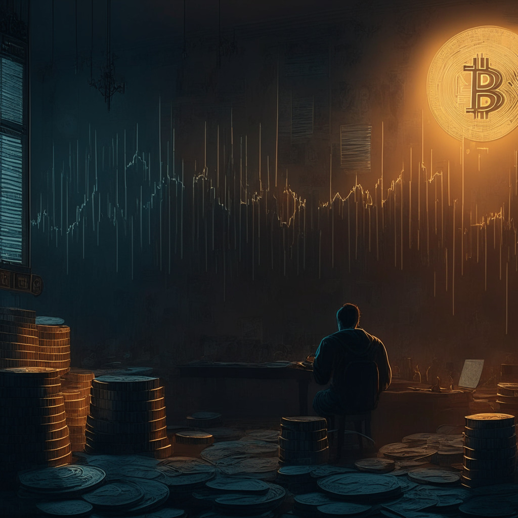 Intricate cryptocurrency scene, evening light, gloomy mood, chiaroscuro style, Bitcoin coin dropping below $27,500, charts showing head-and-shoulders pattern, U.S. inflation data release, bearish signals from risk-on markets, uncertain future, contrasting possibility of recovery towards $30,000.