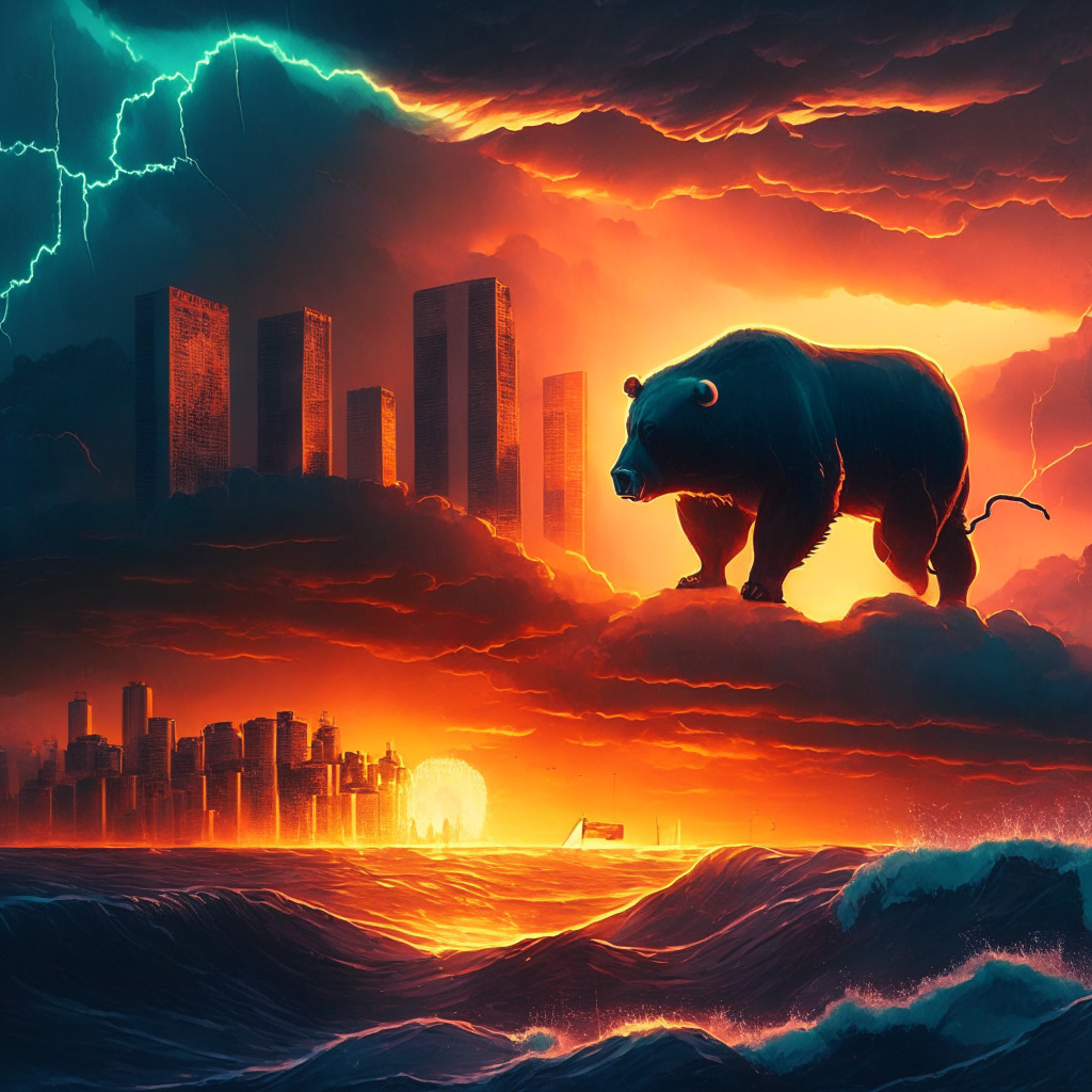 Sunset-lit financial cityscape, stormy clouds, looming CPI report, Bitcoin and Ethereum coins, a bear and a bull dueling, abstract recession waves, a life raft with safe-haven Bitcoin, global map showing central banks raising rates, hopeful glimmer of light through storm.