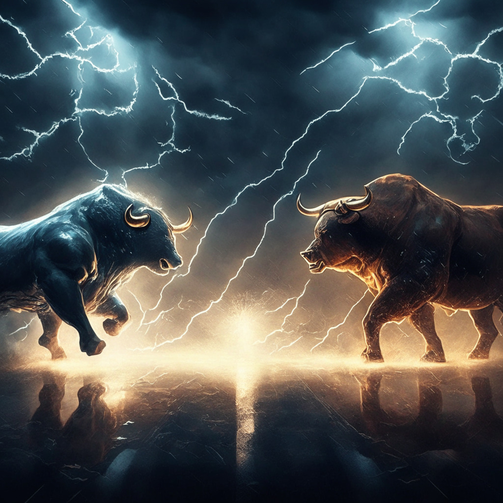 Intricate financial battlefield with bull and bear, pathway to $30,000, stormy atmosphere, Warren Buffett's shadow, glowing $27,400 support, ray of light at $28,000, hovering Bitcoin tokens, tension-filled environment, four distinct outcome scenarios, caution in the air.