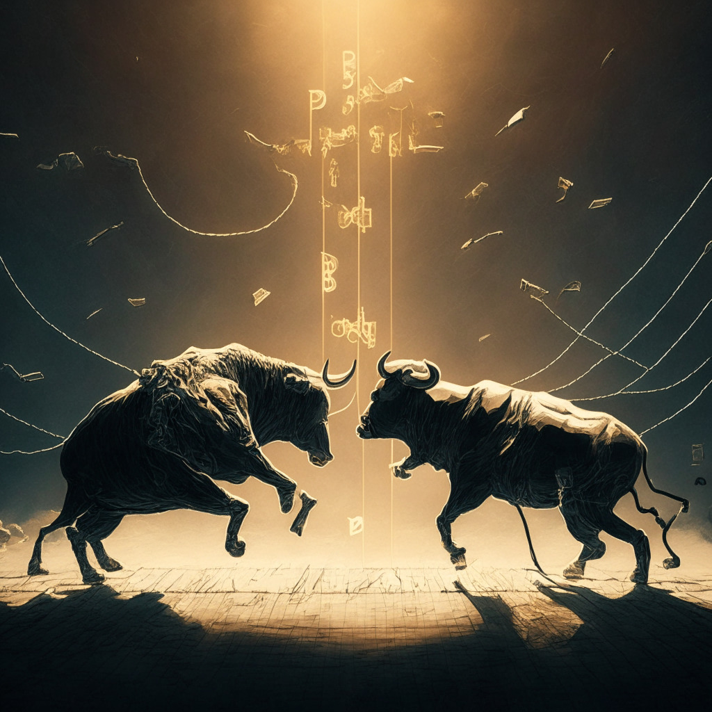 Intricate financial battlefield, Bitcoin hovering above $27,600, light and shadows playing on a tightrope, a subtle tension in the air, dusk settling, juxtaposition of bull and bear locked in a strategic duel, uncertainty looming, flicker of hope glimmering in their eyes, cautiously optimistic atmosphere, a touch of chiaroscuro style.