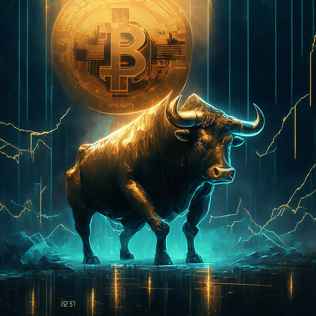 Bullish Bitcoin breakout, US debt ceiling standoff, global inflation fears, dim lighting, digital scarcity, gold's value drop, uncertainty & tension, U.S. Dollar Index surge, resilient markets, macroeconomic data contrast, cautious optimism, professional traders, hints of demand from short-sellers, looming financial pressures, cyberpunk-inspired artwork, somber mood.
